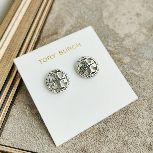 Tory Burch Rope Logo Silver Stud Earrings Jewelry - Picture 2 of 4